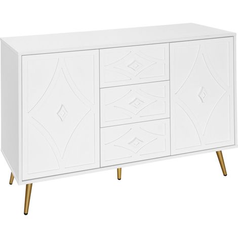 Aparador con 2 Puertas y 3 Cajones, Relieve 3D y Patas de Metal, para Salón en Tablero de Partículas, Blanco 120×40×80 cm (1/5)