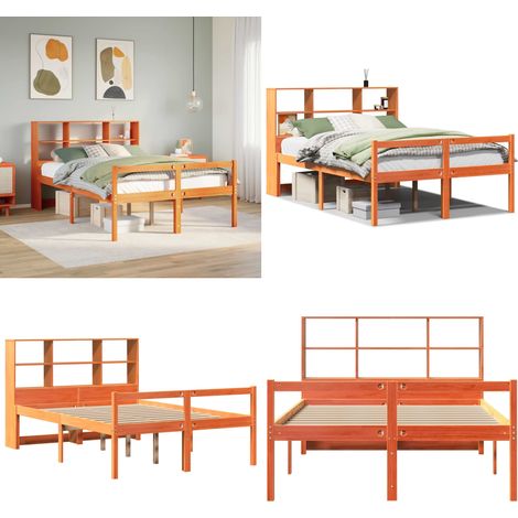 Lit bibliothèque sans matelas cire marron 140x200cm bois massif - Lits avec rangement - Lits en bois