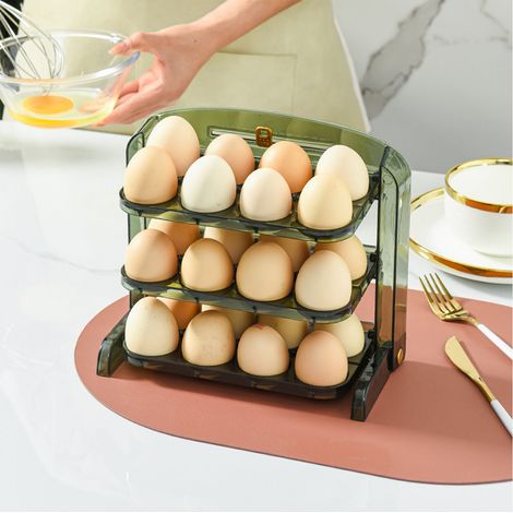Boîte à œufs pliable 3 couches, rangement œufs en plastique transparent vert, protège-œufs pour cuisine maison, organisateur empilable (1/5)