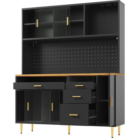 Meuble haut pour salon (145×39×171cm), meuble de cuisine, meuble de salle à manger, meuble de rangement, vitrine avec éclairage LED, armoire haute avec étagères à panneau perforé, noir (1/5)