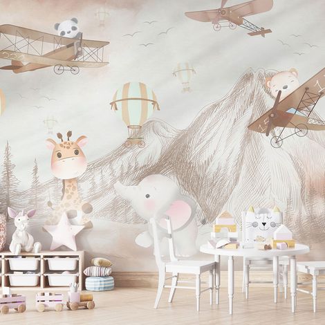 Papier peint panoramique Enfants - Avions Animaux - 195 cm x 130 cm (1/4)