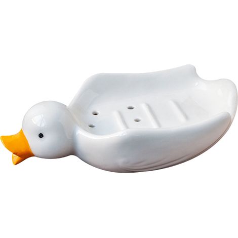 Jabonera de cerámica con forma de pato y desagüe automático para el baño, 18x10x5 cm, blanca, 1 unidad. (1/5)
