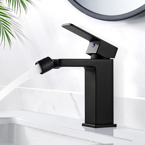 Modern Robinet Lavabo Noir, Robinet Salle Bain en Laiton, Robinet de Bidet avec Bec Normal, Mitigeur Lavabo Noir, Eau Froide & Chaude Disponible (1/5)