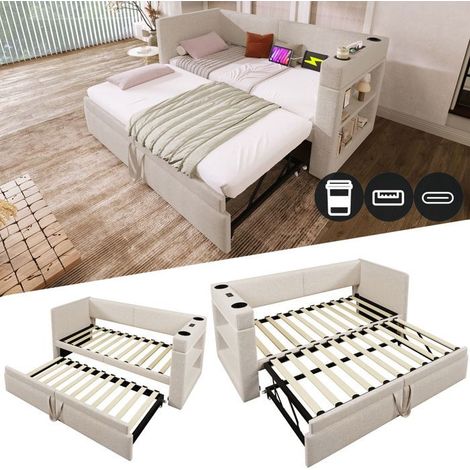 Lit gigogne 90x200, canapé confortable banquette lit, tissu lin-coton, accoudoirs équipés, ports usb-c (1/5)