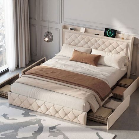 Letto matrimoniale 140x200 cm - Rivestito in velluto beige - 4 cassetti laterali - Testiera LED RGB + USB Type-C - Rete in legno FSC inclusa