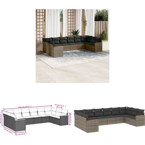 10-tlg. Garten-Sofagarnitur mit Kissen Grau Poly Rattan - Gartenmöbel - Outdoor Möbel - Rattan Sofa - Lounge Set - Esstisch - Home & Living (1/3)
