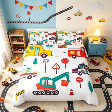 Housse de couette pour enfant - Taille S - Motif voiture de police - Motif voiture de pompier - Pour filles et adultes - Housse de couette colorée - 1 taie d'oreiller (1/5)