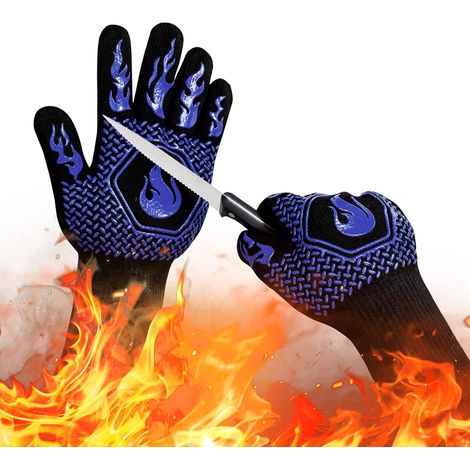 Feuerfeste Grillhandschuhe, blau, 32 x 17 x 1,5 cm, beidseitig schnittfest, hitzebeständig, rutschfest, sicher zum Kochen. (1/5)