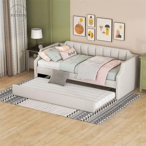Lit gigogne 90x200cm-180x190cm - Lit de jour simple rembourré avec lit à roulettes Lit d'enfant Canapé-lit extensible avec sommiers à lattes en bois - Beige (1/5)