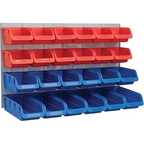 Bacs de rangement muraux 24 avec panneau arrière en métal – Organiseur de pièces en plastique pour garage, atelier, fourgon ou abri de jardin – 64 x 38 x 22 cm (1/5)