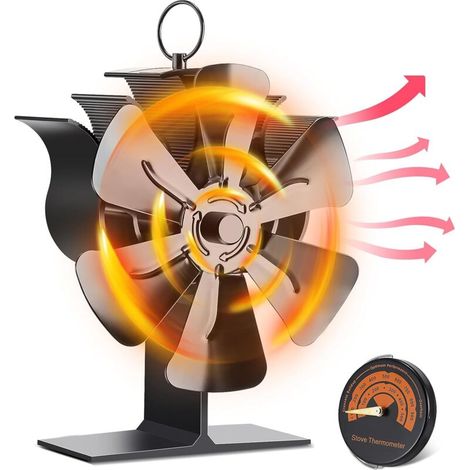 Ventilateur de poêle à bois, ventilateur de cheminée alimenté par la chaleur à 6 pales, respectueux de l'environnement, ventilateur silencieux pour poêle à bois/à bûches/cheminée avec thermomètre (1/4)