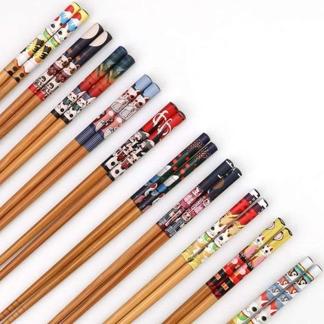 10 Paires 9Pouces Baguette Chinoise, Naturel Bambou Baguettes Japonaises, Antidérapant Désign de chat porte-bonheur Baguettes de au-Ywey (1/4)