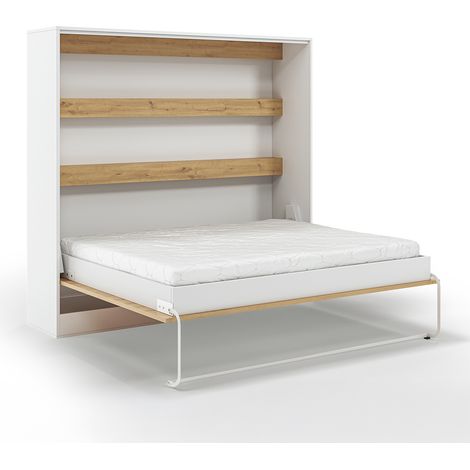 Cama abatible horizontal 160x200 somier incluido Devon Blanco y Madera (1/4)