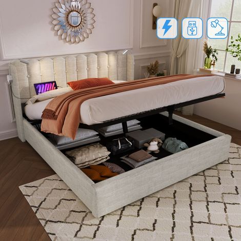 Lit double 160x200 cm en lin beige avec tête de lit lumineuse, ports de charge USB et coffre de rangement (1/5)
