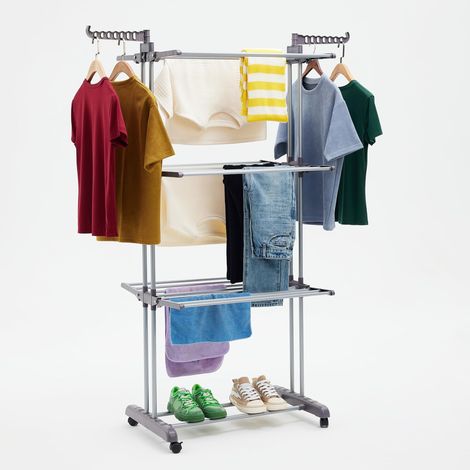 Séchoir à Linge Intérieur, à Ailes Pliables, à 4 Niveaux, 72,9 à 126 x 64 x 173 cm (L x L x H), Argenté, pour Vêtements (1/5)