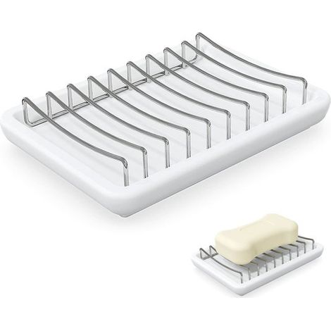 Dailygoods - Jabonera de doble capa - Autodrenante - Blanca - Acero inoxidable cerámico - Apta para baño - Jabonera de ducha (1/5)