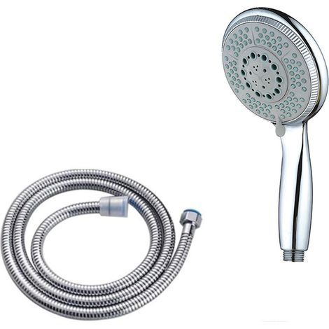 Duschkopf + 1,5 m Stahl-Duschschlauch, Hochdruck-Multifunktions-Duschstrahl, verchromter ABS-Antikalk-Duschsprühkopf mit Düse, Silber
