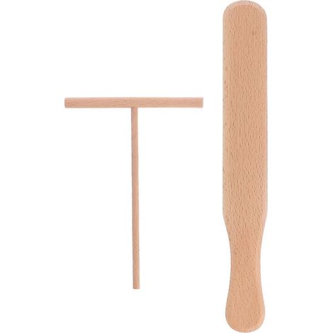 Ensemble de 2 ustensiles de cuisine pour crêpes : spatule et râteau à tortillas en bois. (1/4)