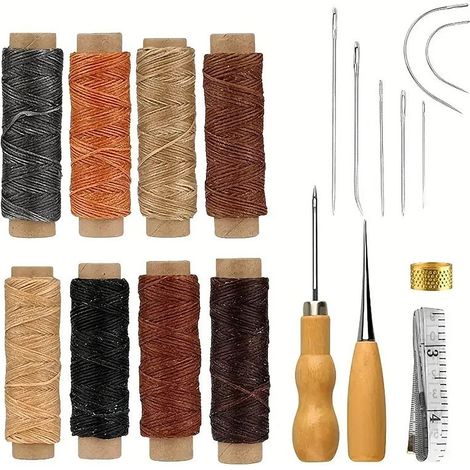 21 Pièces Aiguilles Couture Cuir avec Fil Ciré, Ensemble d'outils de Couture en cuir, Kit de Couture en Cuir avec Fil Ciré Multicolore, Reparation Cuir Set, pour Restauration du Cuir, Tapis et Matelas (1/5)