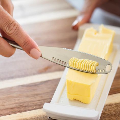 3-in-1 Buttermesser – Gezahnte Edelstahlklinge mit Klingenloch – Butterspatel, Butterzange und Mikroreibe – Spülmaschinenfest
