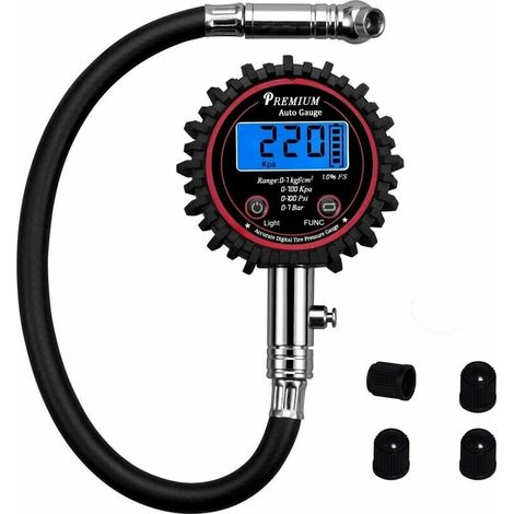 Jauge de Pression de Pneu Numérique, Manometre Pression Pneu Numerique Testeur pour vélo moto camion voiture vtt avec tuyau et l'affichage d'affichage à cristaux liquides de contre-jour(sans b (1/5)
