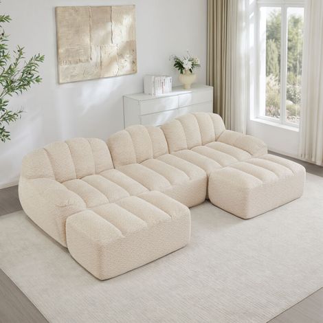 Canapé modulaire 3 places, Canapé d'angle en L sans cadre, forme de coque, 2 pouf, coussins d'assise profonds, aucun assemblage requis, Beige et Blanc (1/5)