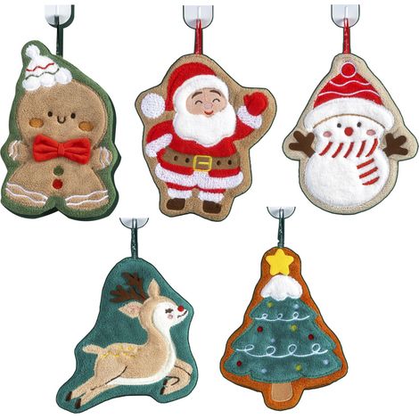 Lot de 5 serviettes de Noël - Serviettes ultra-absorbantes et douces à suspendre, motifs amusants de Père Noël, bonhomme de neige, sapin en pain d'épice et autres dessins animés, pour la salle de bain (1/5)