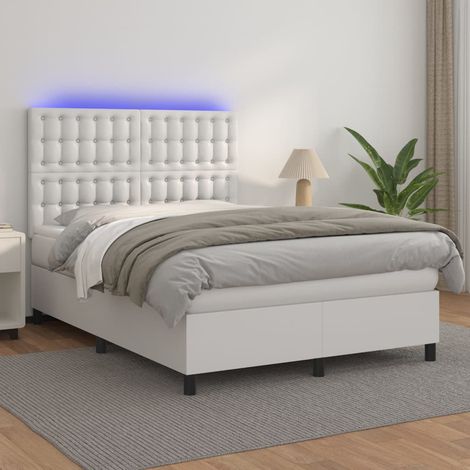 Sommier Tapissier + Matelas + LED,Lit adulte Simple Durable Blanc 140x190 cm Similicuir -82008 (1/5)