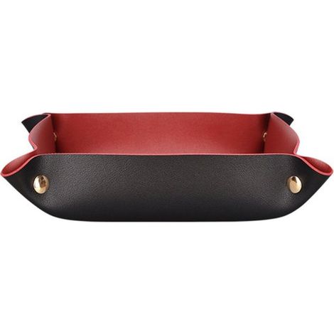 Compartiment de rangement, porte-clés, organiseur carré en cuir, plateau de bureau avec fermetures à pression, noir (1/5)