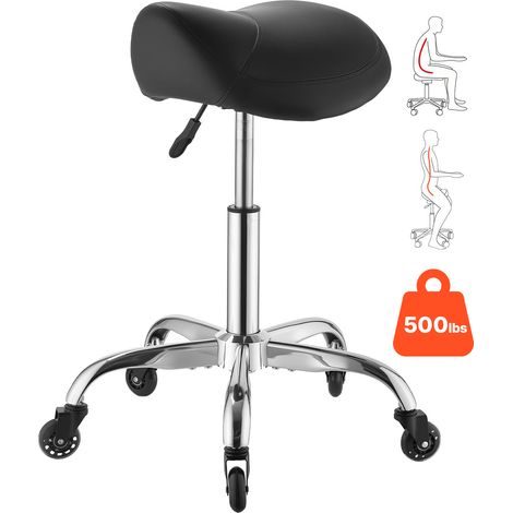 VEVOR Sgabello a Sella con Ruote, Sedile Ergonomico Portata Massima 226,8 kg, Altezza Regolabile, Rotelle Silenziose, in Similpelle, Girevole a 360° con Ruote, Colore Nero, per Spa Arredo Parruccheria (1/5)