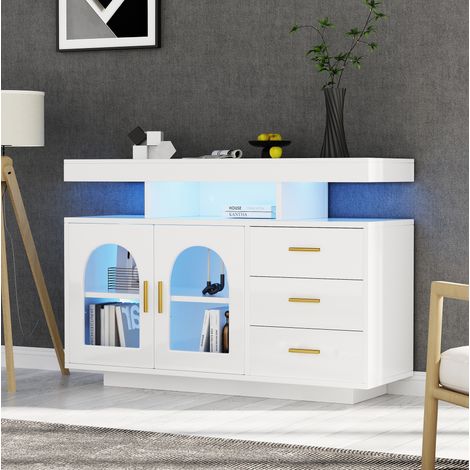 Aparador de cocina LED 120 x 40 x 80 cm, 3 cajones, 2 puertas, blanco brillante DESVIAE (1/5)