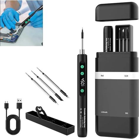 Kit de fer à souder sans fil avec support et écran LCD, batterie mini fer à souder 1100 mAh, plage de température réglable 180-450 °C, 3 embouts de soudage. (1/5)