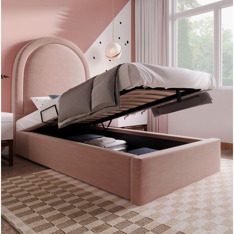 Letto imbottito singolo 90x200 cm, con materasso, contenitore idraulico, testiera curva, velluto rosa (1/5)