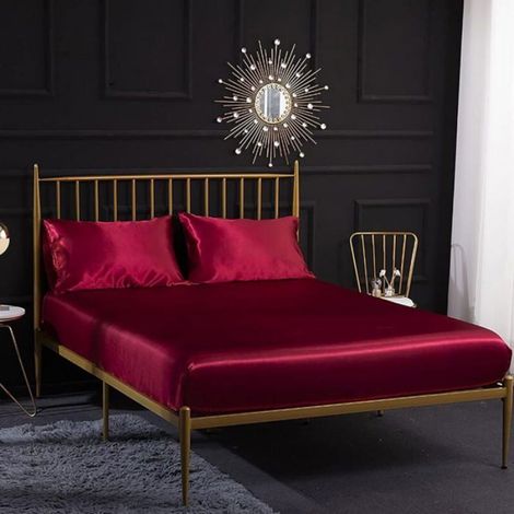 Parure De Lit - Satin Polyester - 4 Pièces - Drapeau Housse 203x198x35 Cm - Bordeaux (1/4)