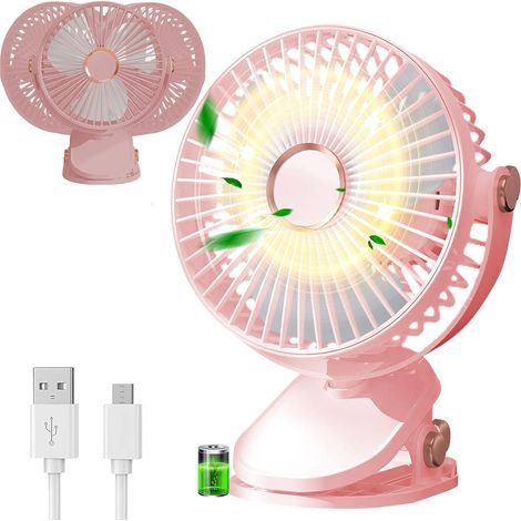Tragbarer Clip-Ventilator, 5 Geschwindigkeitsstufen, USB-Tischventilator mit LED-Licht, wiederaufladbarer Akku, für Zuhause, Rosa (1/5)