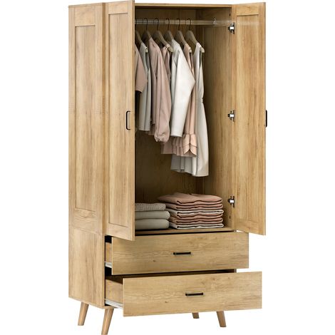 2 Door Wardrobe, Modern Wardrobe with 2 Drawer Hanging Rail for Bedroom, Natural (1/5)