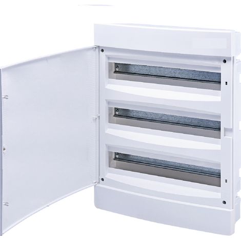 Coffret électrique encastré 18 modules sur 3 Rangées ( 54 M ) avec porte pleine couleur blanc borniers de terre