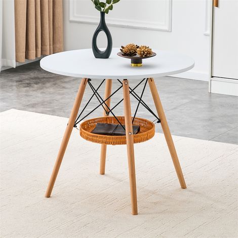 Table à Manger Ronde avec Étagère Suspendue - Ø80x71.5cm - Cuisine Style Scandinave en Bois Massif MDF - Blanc et Bois (1/5)