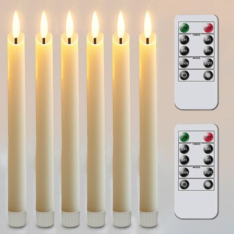 LED-Flackerkerzen, 6er-Set, batteriebetrieben, mit Fernbedienung und Timer, Durchmesser 2 cm, Höhe 24,5 cm - Elfenbein [Energieklasse A]