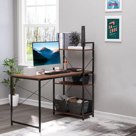 Bureau d'angle industriel avec rangement et bibliothèque 3 étagères en panneaux de bois noyer pour un espace moderne et fonctionnel (1/5)
