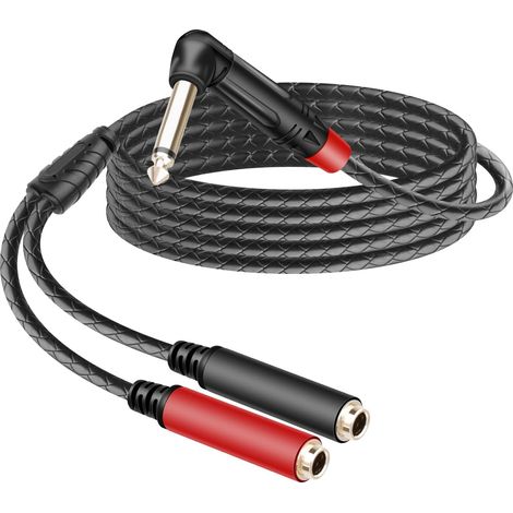 Câble Diviseur Y 1/4 de Pouce, Câble Mâle 6.35mm à Double Femelle Mono 6.35mm à 90 Degrés, Convertisseur Diviseur de Haut parleur Audio Quart de Pouce pour Microphones (1,8M) (1/5)
