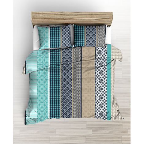 Bettwäsche-Set 160x200 Türkis Beige Grau Vertikale Streifen Rautenmuster (1/2)