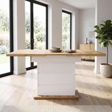 FurnitureR White Textured Wood Dining Table 110 to 140x80cm Storage (1/5)