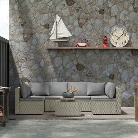 Salon de jardin extérieur modulable 6 personnes en résine tressée avec canapés et table basse en verre trempé. marron