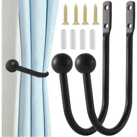 2 Pièces Retenue De Rideau, Crochet Métal U Noir, Pour Salon Chambre Salle De Bain
