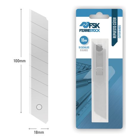 Ferrestock FSKTWR018B blíster con dispensador de 10 cuchillas de recambio para cúter de 18mm, afilado de precisión para cortar de forma limpia y profesional cualquier material (1/2)