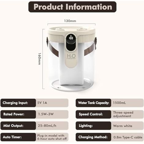Humidificateur de table beige pour chambre à coucher, avec deux buses de pulvérisation et connecteur USB-C (1/5)