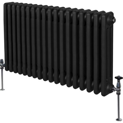 Traditioneller 3-Spalten-Heizkörper 600 x 832mm  Horizontaler Wandheizkörper  Matt Schwarz Kohlenstoffstahl  Wohn- Badezimmer Küche [Inkl. Reinigungsbürste, Befestigungsset & Halterungen]