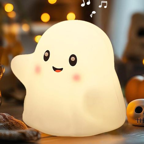 Veilleuse Fantôme Halloween Silicone pour Nursery avec 13 Effets Sonores Interactifs USB Rechargeable avec Minuterie 30 Minutes, Lampe de Chevet Dimmable pour Allaitement, Chambre d'Enfants, Blanc