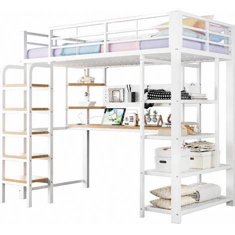Lit mezzanine métal 90x200 cm avec bureau, LED multicolores, prises intégrées, panneau perforé et étagères, blanc, gain de place pour chambre ado CHICFURN (1/5)
